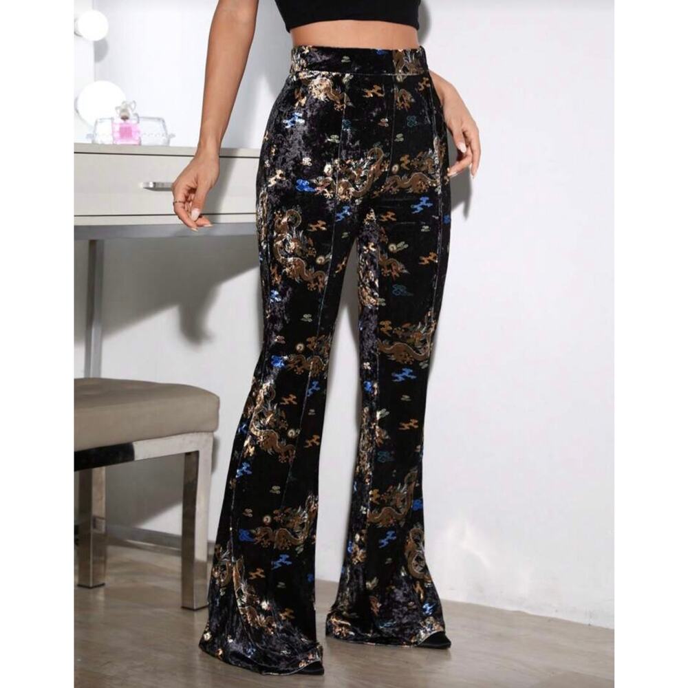 Black Velvet Dragon Print Bell Bottom Pants Festival Y2K Boho Witch Flare - Picture 5 of 10